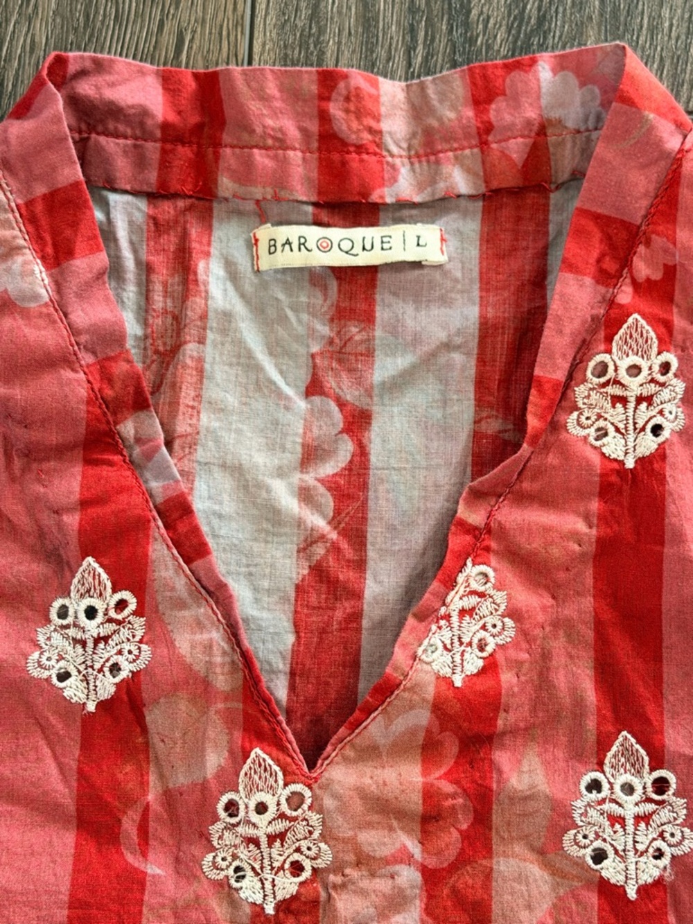 Baroque Embroidered Striped Cotton Kurta Tunic Dress Red White Size Large Boho - Picture 9 of 13